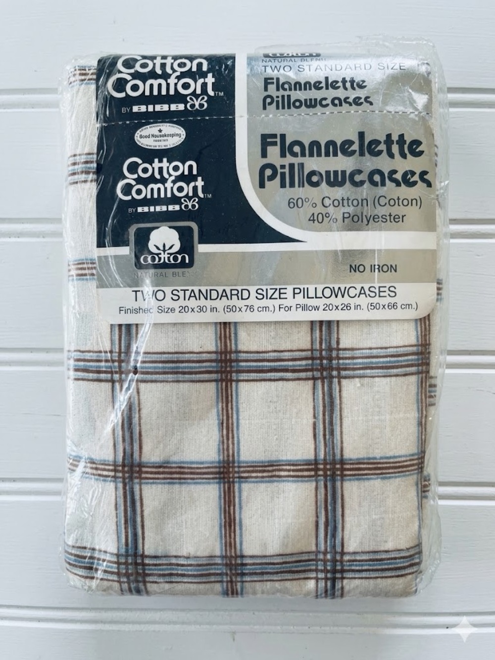 Bibb Vtg Cotton Comfort Flannelette Pillowcases Standard Scottsdale Plaid NOS